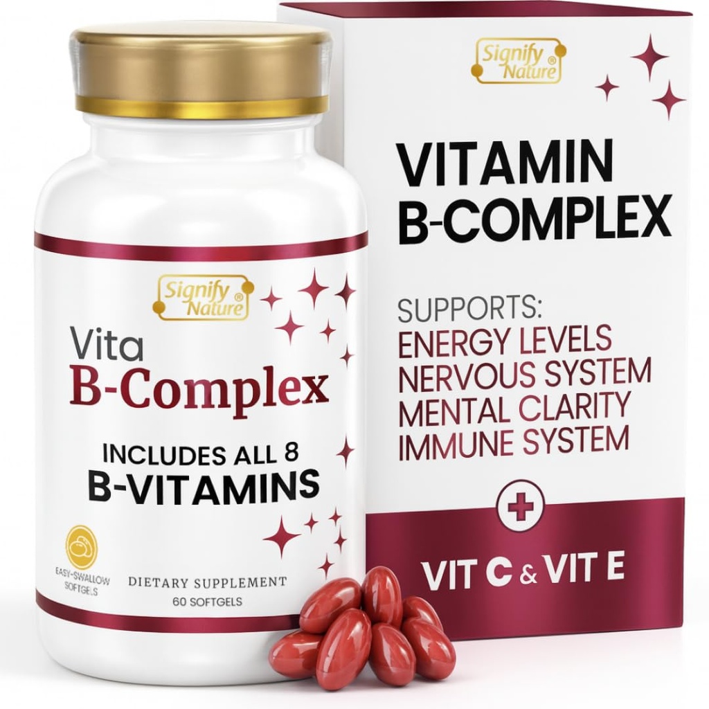 SIFY N, VitaBComplex ile C ve E, B Kompleksi Kadınlar ve Erkekler için B Kompleks Vitaminleri, VIT B1, B2, B3, B5, B6, B8, B9, B12, Super B Softgels - 60 CT