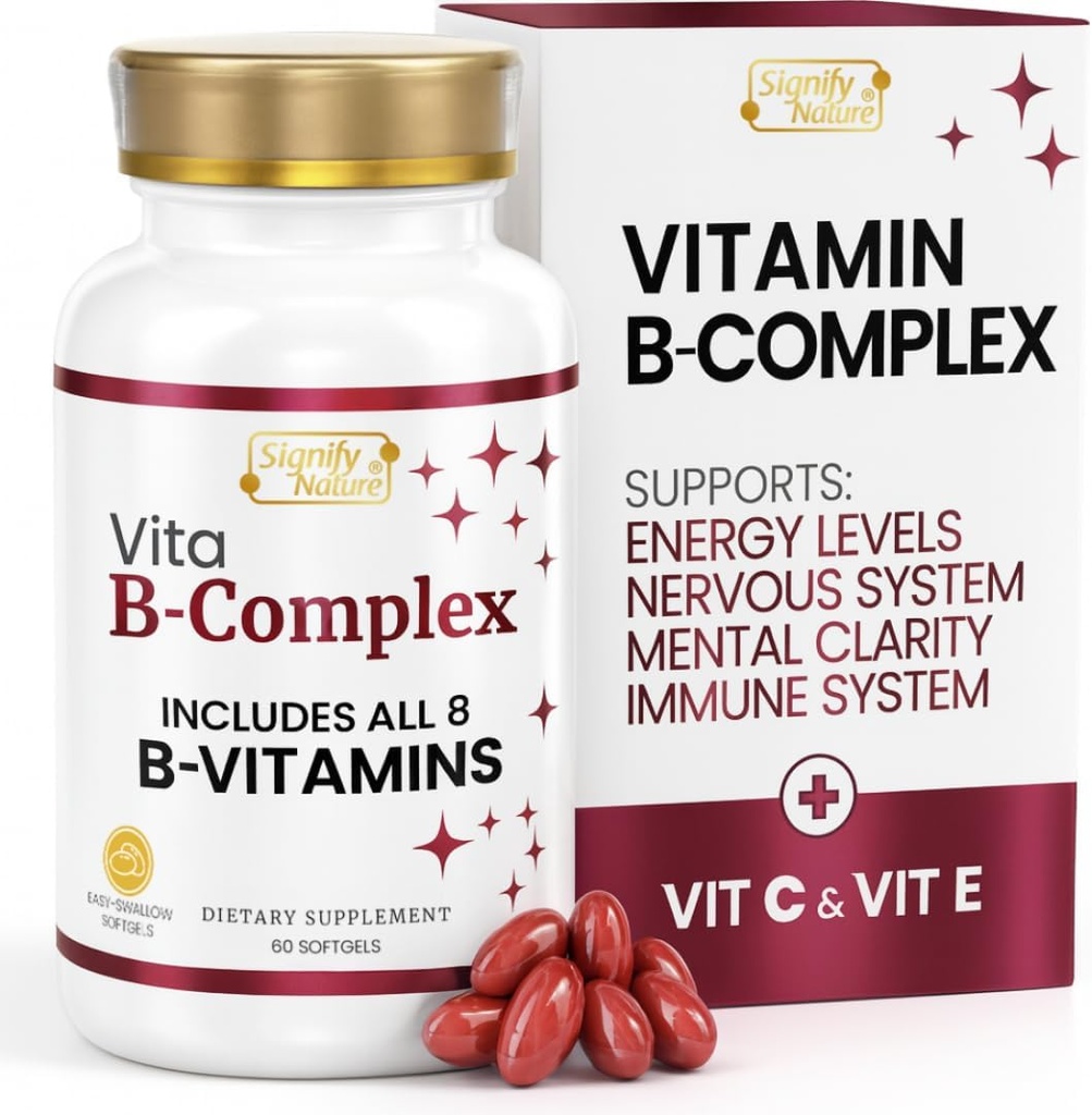 SIFY N, VitaBComplex ile C ve E, B Kompleksi Kadınlar ve Erkekler için B Kompleks Vitaminleri, VIT B1, B2, B3, B5, B6, B8, B9, B12, Super B Softgels - 60 CT