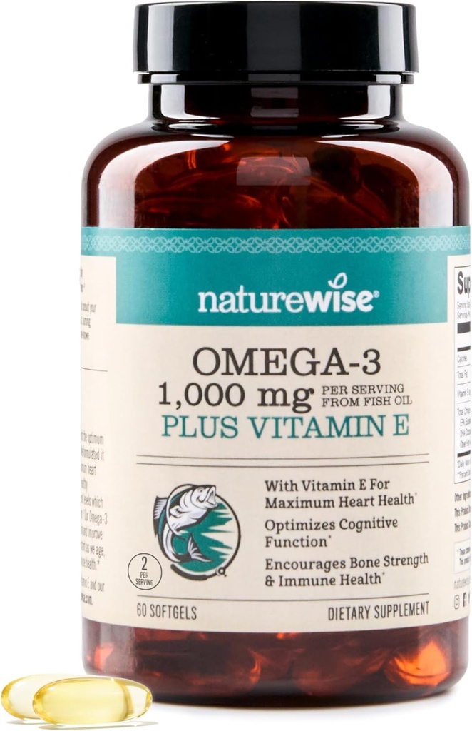 NatureWise Extra-Stength Omega 3 Fish Oil Supplement - 1000mg ανά Σερβίρισμα - 600 EPA & 400 DHA και βιταμίνη E - Υποστήριξη για την Καρδιά & Εγκεφαλική Υγεία - Λεμόνι Γεύση, GMO-Free - 60 Softgels[1-Month Supply]