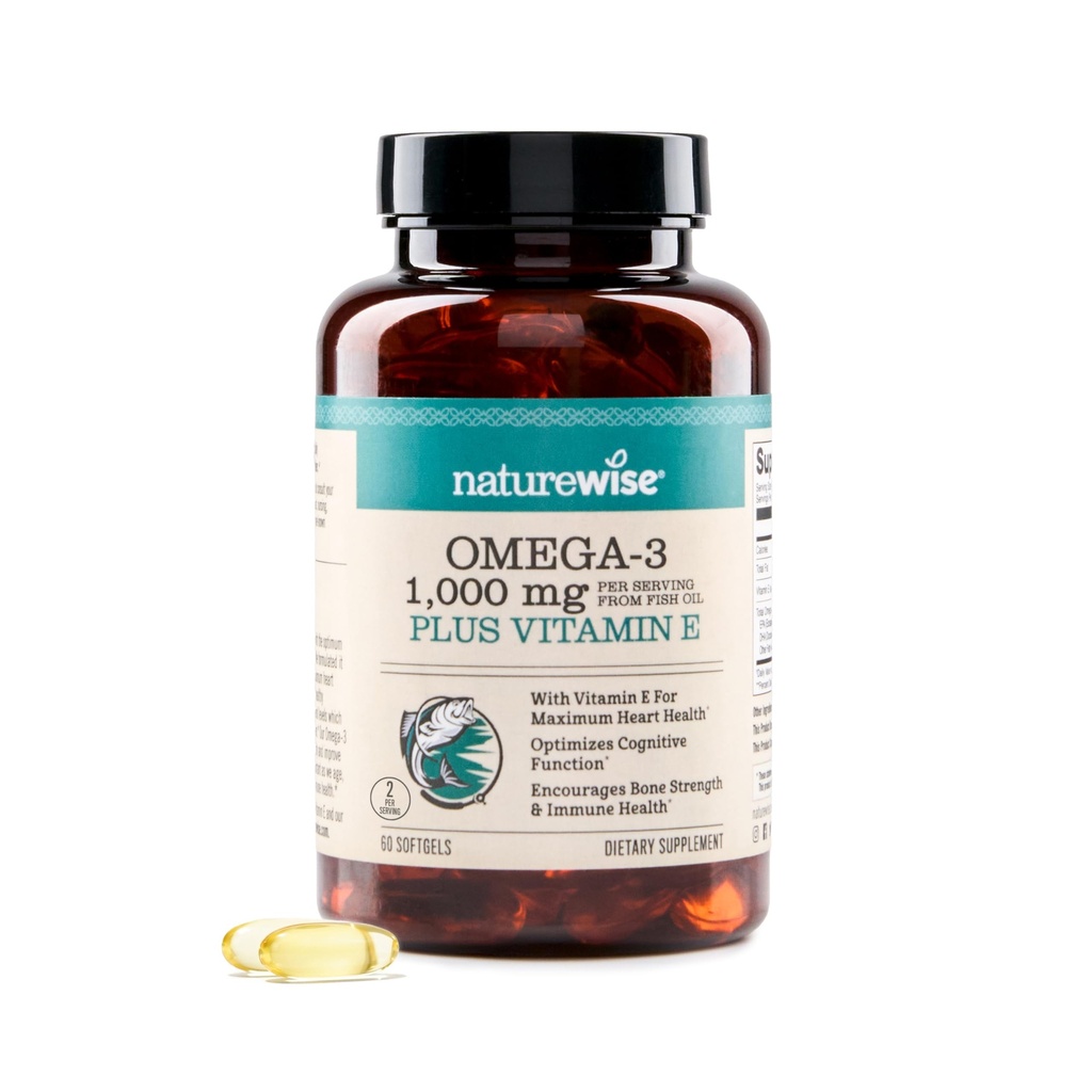 NatureWise Extra-Strength Omega 3 Fish Oil Supplement - hizmet başına 1000 mg - 600 EPA & 400 DHA ve Vitamin E - Heart & Brain Health - Lemon Flavor, GMO-Free - 60 Softgels[1-Month Supply]