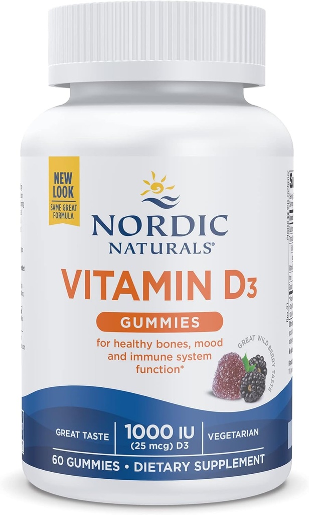 Nordic Naturals Vitamin D3 Gummies, Wild Berry - 60 Gummies - 1000 IU Vitamin D3 - Büyük Tadı - Sağlıklı Bones, Mood & Immune System Function - Non-GMO - 60 Hizmet