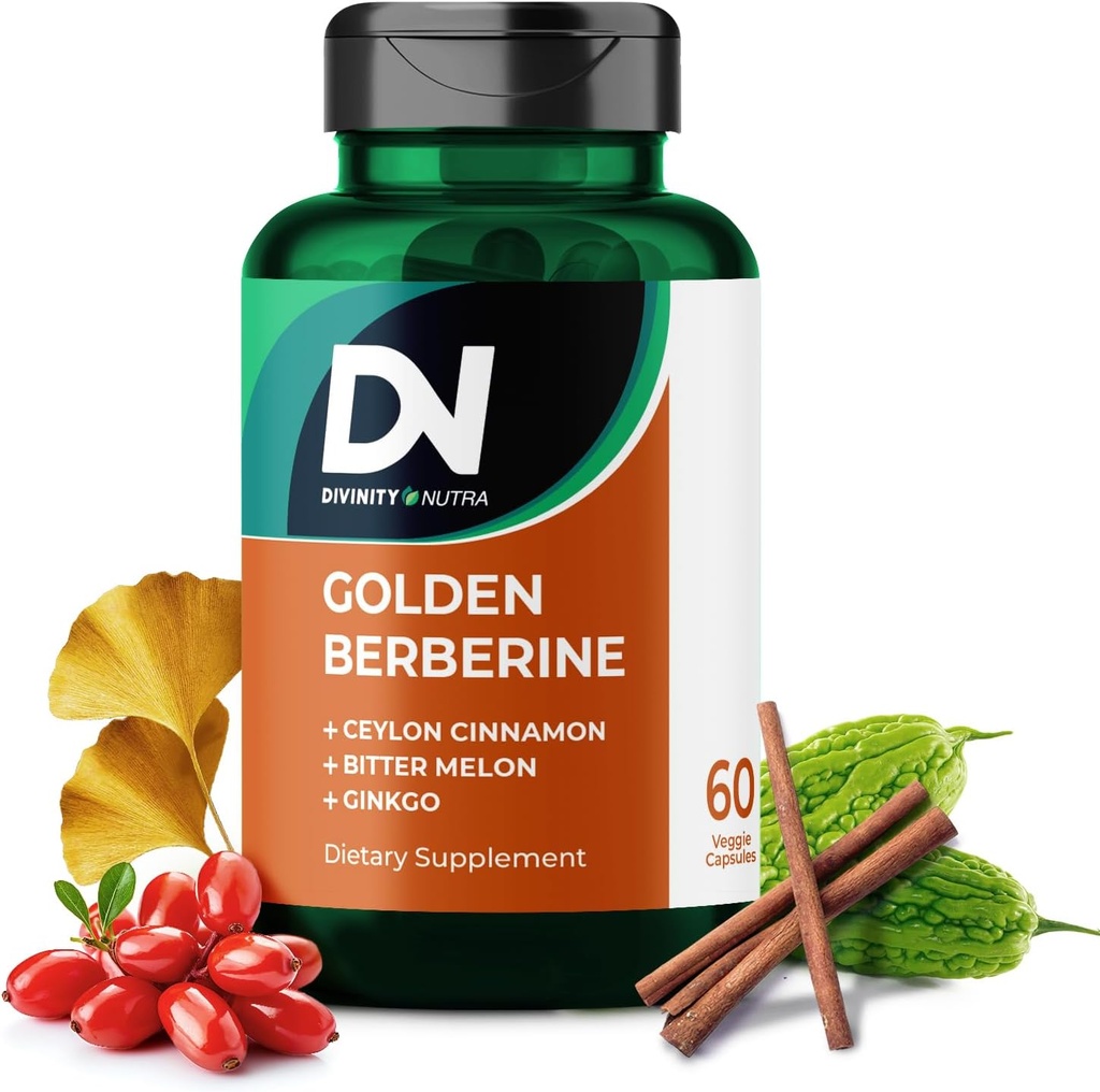 4-in-1 Golden Berberine Supplement with Ceylon Cinnamon Bitter Melon Ginkgo, Boosts Immunity, Gut & Heart Health,60 Capsules for Metabolism Support, Made in USA