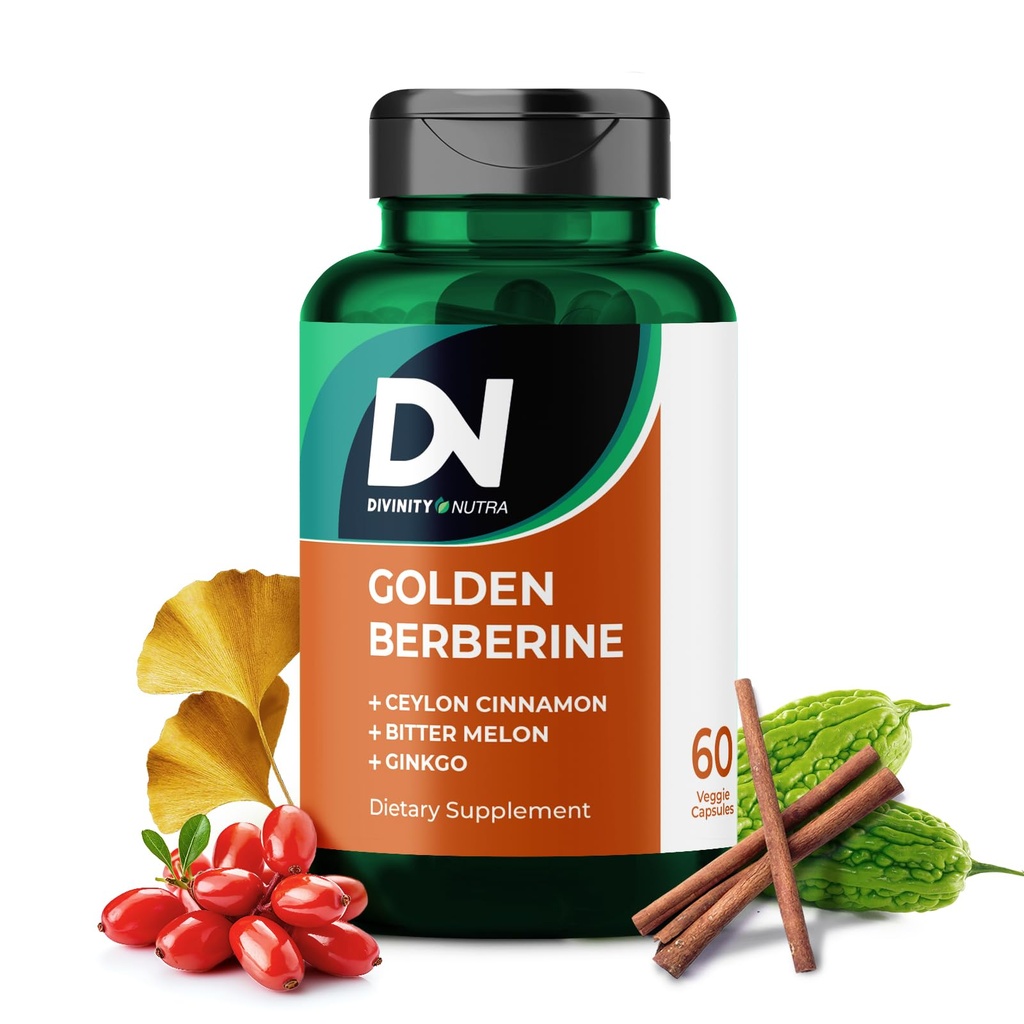 Divinity Nutra 4-in-1 Golden Berberine Supplement with Ceylon Cinnamon Bitter Melon Ginkgo, Boosts Immunity, Gut & Heart Health,60 Capsules for Metabolism Support，Made in USA
