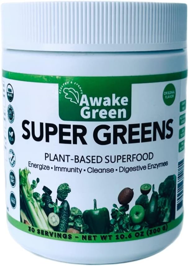 Ξύπνα Green - Super Greens - Superfood Powder - USDA Organic Non-GMO Vegan Supplement - για Digestive & Bloating Relief - 20+ Whole Foods (Spirulina, Grash, Barley), Probiotics, Fiber & Enzymes