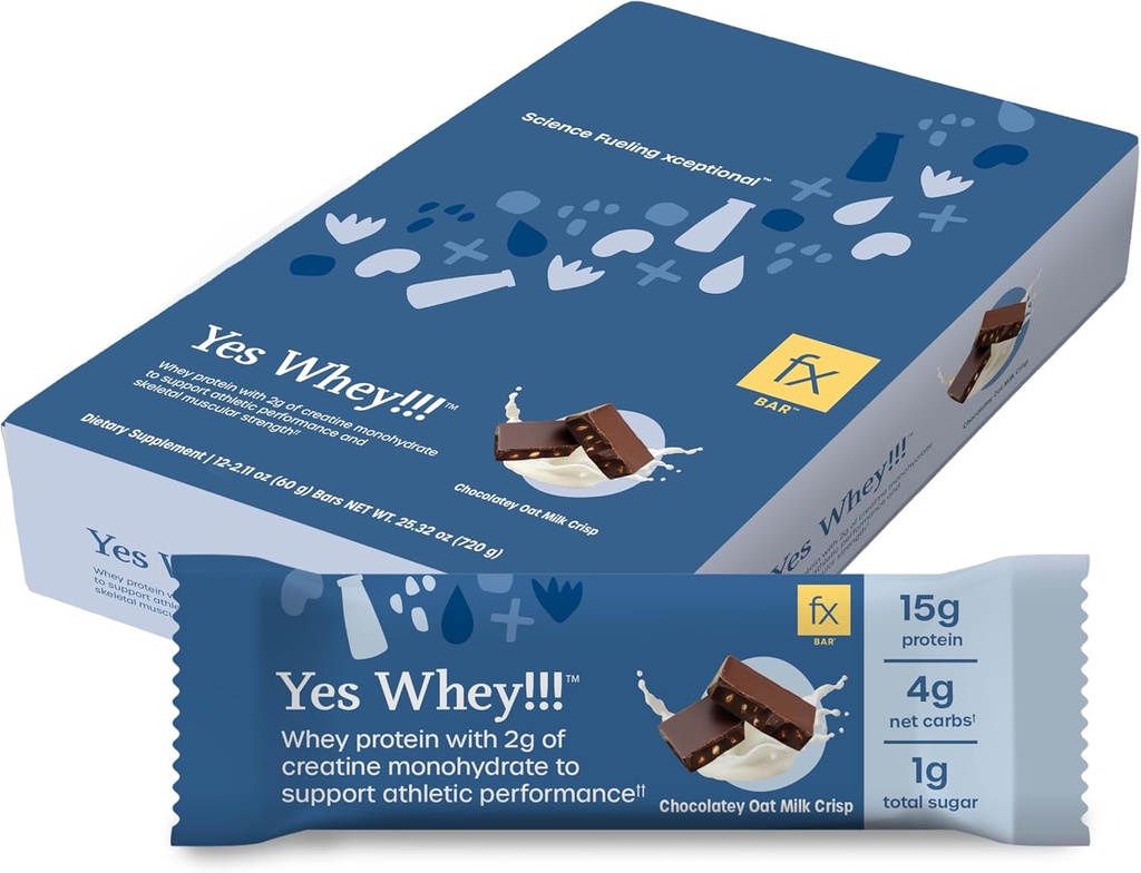 Fx Evet Whey Bar - 15g Whey protein Bar, Kass, Enerji ve Peak Performansı - 1g Sugar + 4g Net Carbs - Soy-Free Chocolate Oat Milk Crisp Flavor Protein Snack (12 Bar)