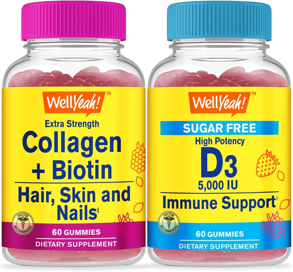 WellYeah Collagen+Biotin + Βιταμίνη D3 5.000 IU Χωρίς ζάχαρη, Gummies Bundle - Μεγάλη γεύση, συμπλήρωμα βιταμίνης, Χωρίς γλουτένη, GMO Δωρεάν, Μασώμενα Gummy