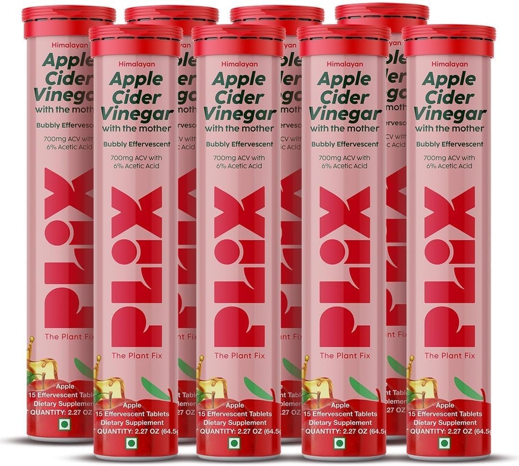 PLIX - The PLANT FIX Apple Cider Vinegar Effervescent Tablets with The Mother, 700 mg ACV with VIT B12, B6, Pack of 8 |Vegan, Nodrew Sugar, Non-GMO & Gluten-Free-G