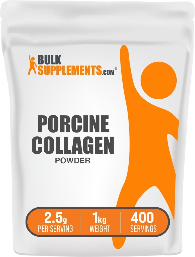 BulkSupplements.com Porcine Collagen Toz - Hydrolyzed Collagen Supplement, for Hair, Skin, & Nails - Unflavored & Gluten Free, 2.5g per Service, 1kg (2.2 lbs) (Pack of 1)