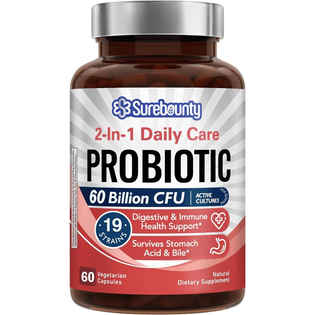 Erkekler ve Kadınlar için 60 milyar CFU 19 Strains, 100 mg Prebiyotik, Raf Stable, 2in-1 Daily Care Probiyotik, Non-GMO, Digestive & Immune Health, 60 Veggie Capsules
