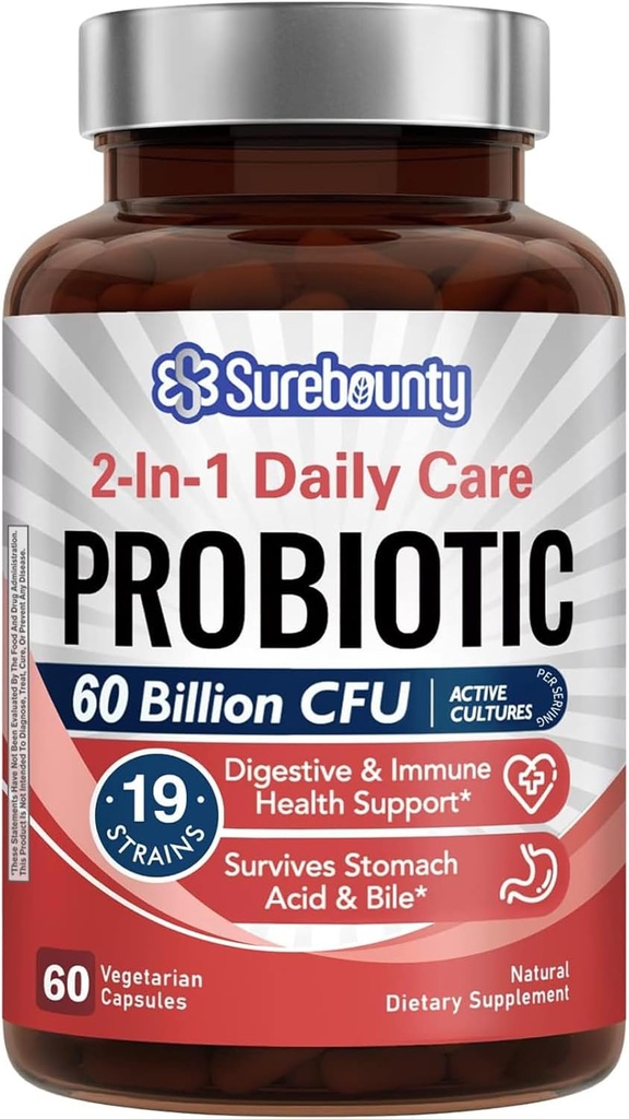 Erkekler ve Kadınlar için 60 milyar CFU 19 Strains, 100 mg Prebiyotik, Raf Stable, 2in-1 Daily Care Probiyotik, Non-GMO, Digestive & Immune Health, 60 Veggie Capsules