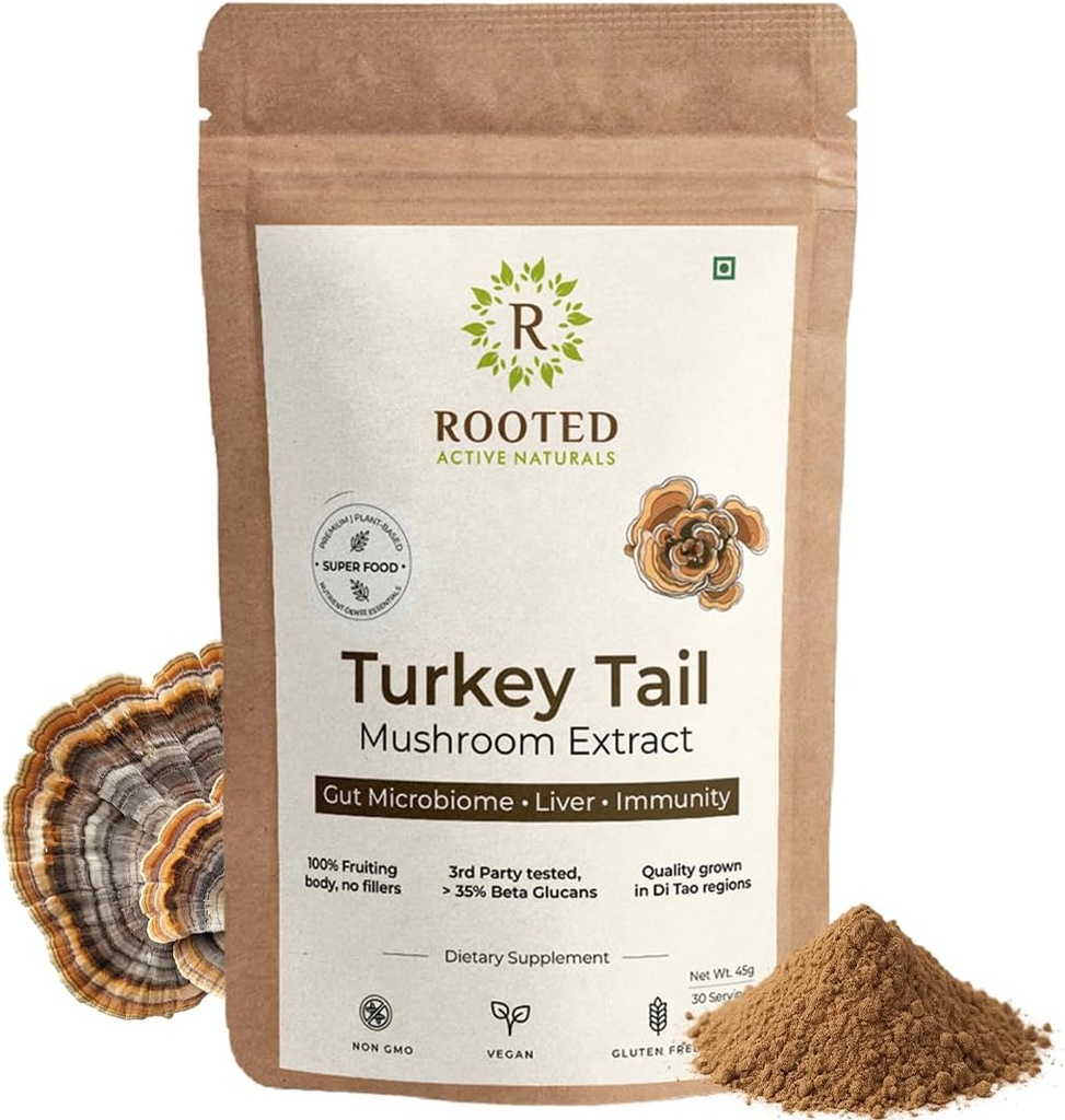 ROOTED Active's Turkey Tail Mushroom Extract Powder, USDA & EU Certified Organic| 35% Beta Glucans - Lab Verified | Gut Health, Liver, Immunity Support (2.11 Ounce)