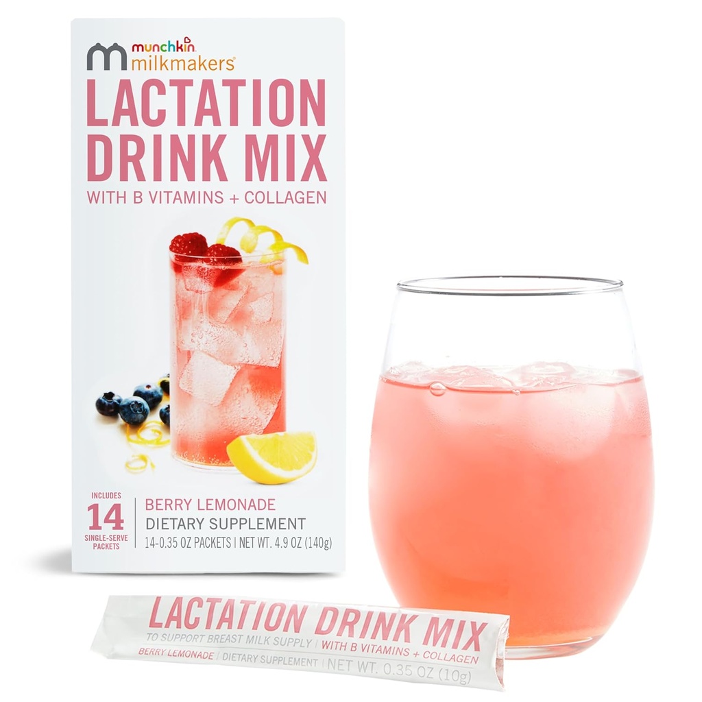 Munchkin® Milkmakers® Lactation Drink Mix Supplement with B Vitamins/Collagen/Fenugreek & Milk Butle for Cooking Moms, Berry Lemonade, 14 Count