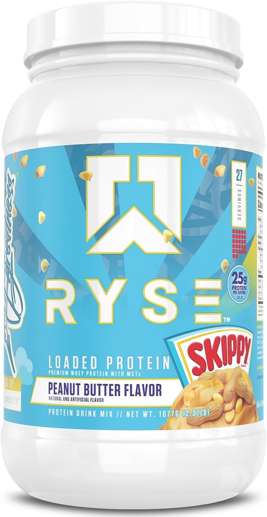 RYSE Loaded Protein Powder - Skippy Φυστικοβούτυρο - 25g Whey Protein Isolate & Concent with Prebiotic Fiber & MCTs - Χαμηλός υδατάνθρακες, χαμηλή ζάχαρη, Digestive-Friendly - 27 Σερβιέτες / 2 lb Tub