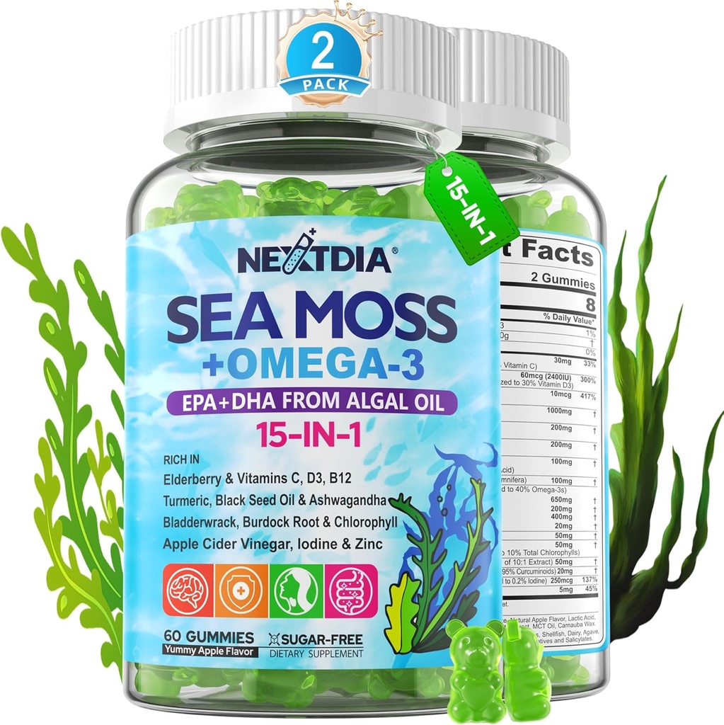 Sea Moss Gummies + Algae Omega-3 for Adult, 15IN-1 Organik İrlandalı Deniz Moss Superfood with/Vitamins C D3 B12, Turmeric, Bladderwrack, Supports Energy, Brain, Immune, Daily Vitality, Sugar-Free, 120 Cts