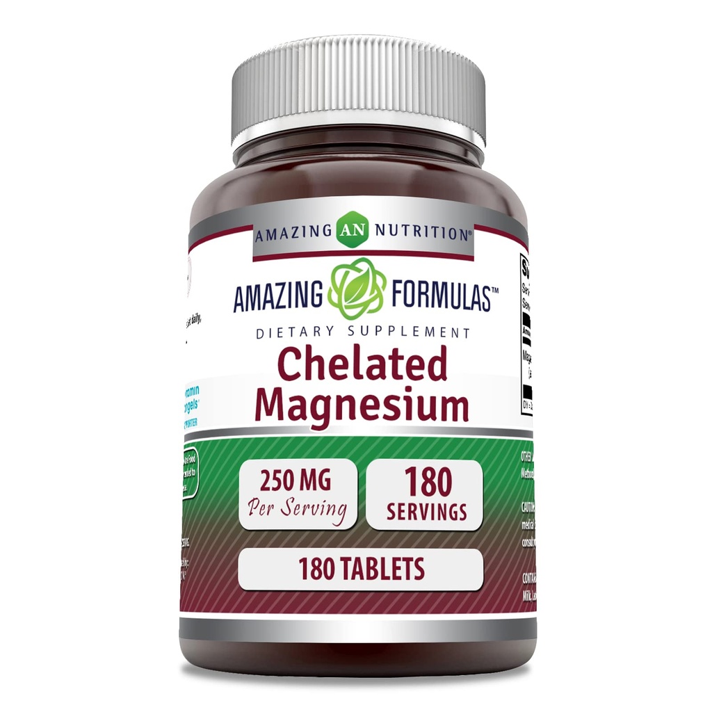Amazing Formulas Chelated Magnezyum Supplement | 250 Mg | 180 Tablet | Non-GMO | Gluten-Free | Made in USA