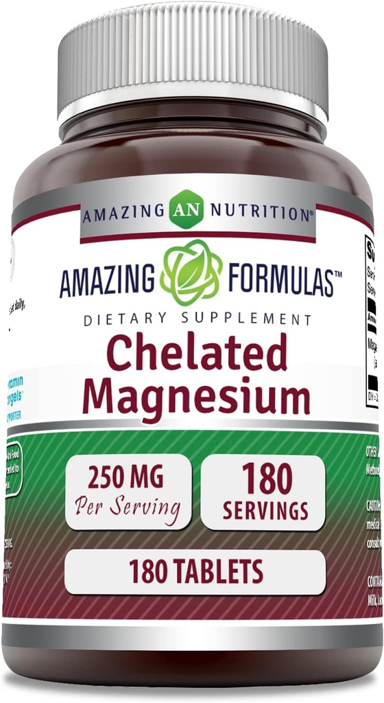 Amazing Formulas Chelated Magnezyum Supplement | 250 Mg | 180 Tablet | Non-GMO | Gluten-Free | Made in USA