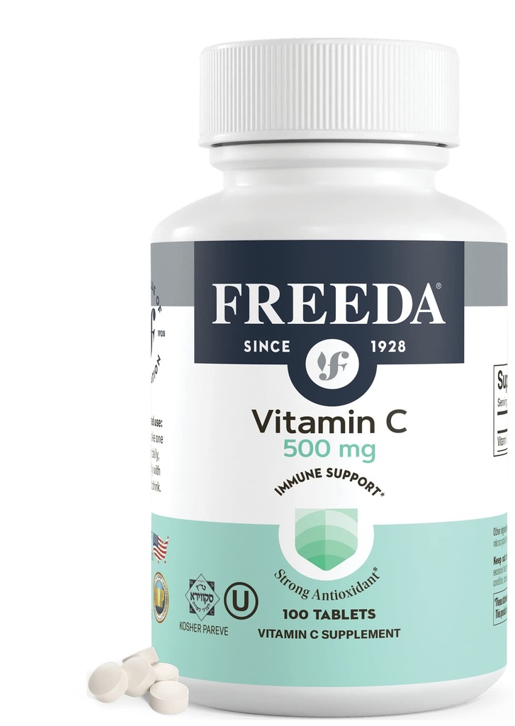 FREEDA C - Vegan C 500 mg - Kosher - Güçlü Antioksi Immune Desteği - Ascorbik Asit olarak C Tabletleri Kolay - Saf Vitamin C 500 mg - VIT C Supplement (100 Count)