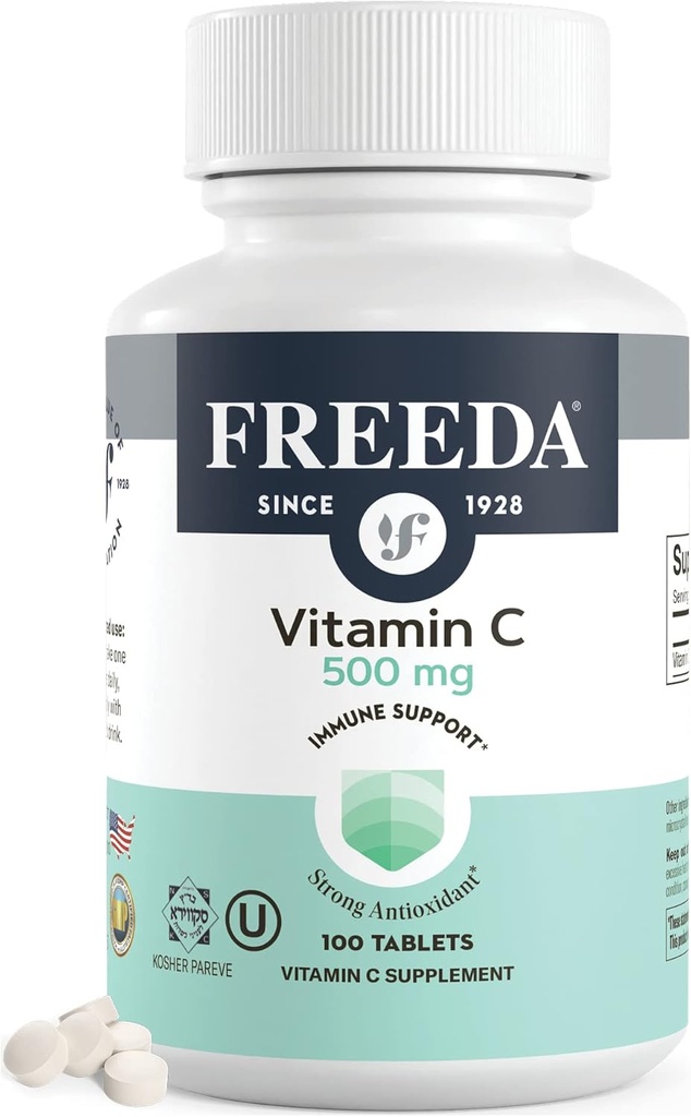 FREEDA Vitamin C - Vegan Vitamin C 500mg - Kosher - Ισχυρή Αντιοξειδωτική Ανοσοποιητική Υποστήριξη - Εύκολο στην κατάποση Βιταμίνες C Δισκία ως Ασκορβικό Οξύ - Καθαρή Βιταμίνη C 500 mg - Συμπλήρωμα VIT C (100 Count)