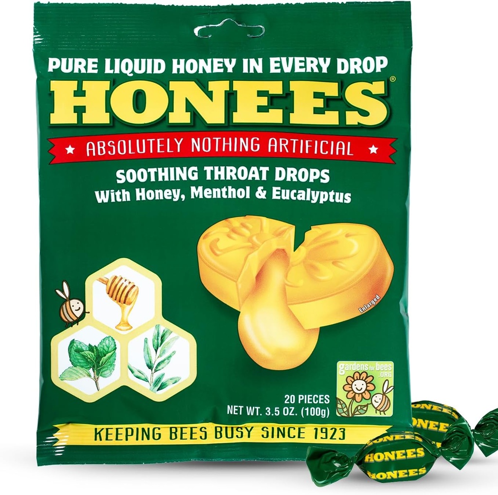 Honees Honey Menthol Cough Drops - 20Piece, Single Pack Honey-Filled Lozenges | Soothes Sore Throat | All Natural Natural