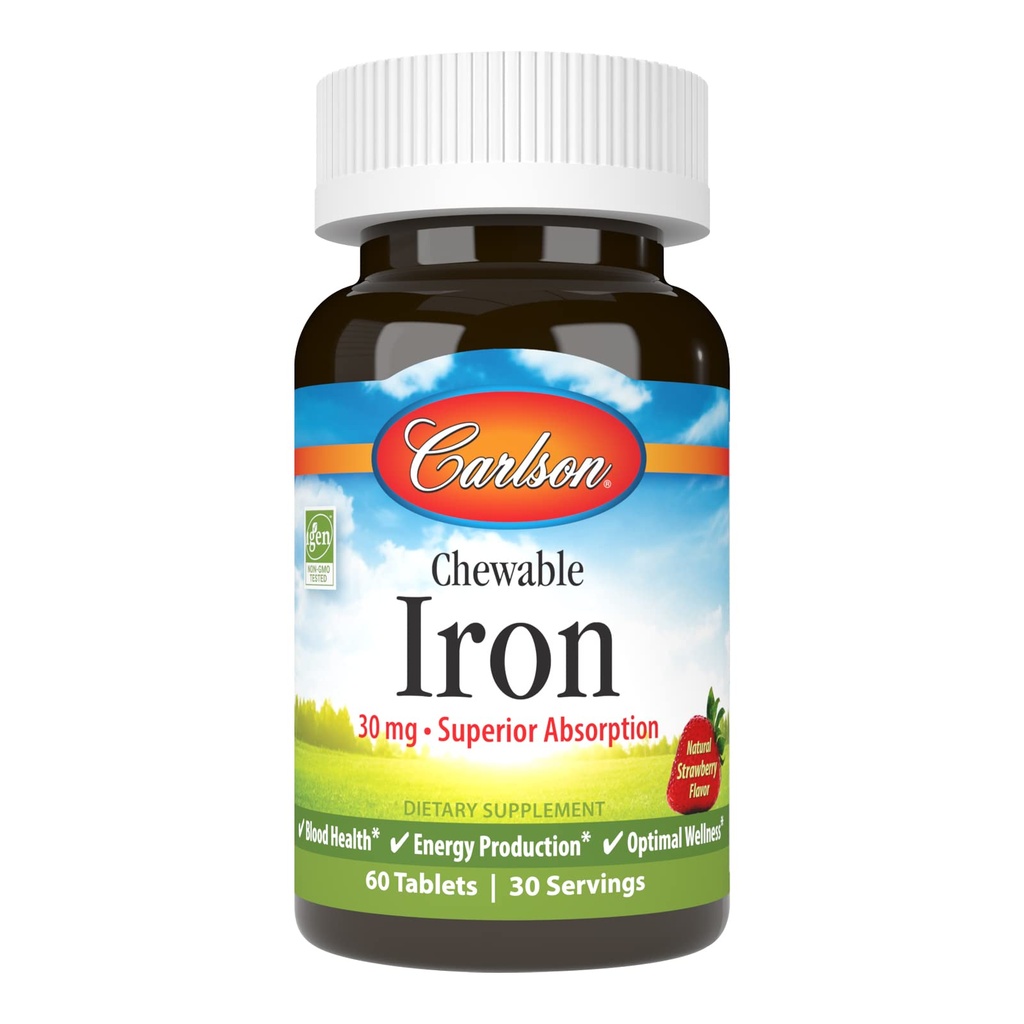 Carlson - Chewable Iron, 30 mg, Superior Abception, Blood Health, Energy Production & Optimal Wellness, Natural Strawberry Flavor, 60 Tablets