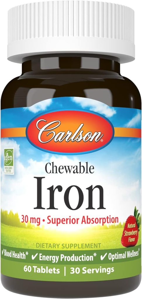 Carlson - Chewable Iron, 30 mg, Superior Abception, Blood Health, Energy Production & Optimal Wellness, Natural Strawberry Flavor, 60 Tablets