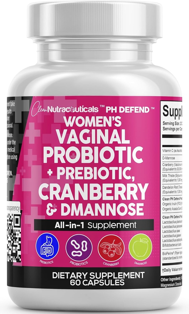 Temiz Nutraceuticals Vaginal Probiyotiks for Women with Cranberry, D-Mannose, Prebiyotiks, PH Balance Support, Feminine Health, Urinary Tract Cleanse – Capsule Alternative to Gummies – 60 Count
