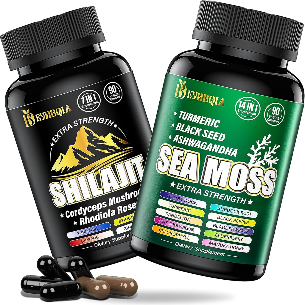 Sea Moss ve shilajit Sche - 90 Count - Sea Moss, Black Seed Oil, Ashwagandha, Turmeric & Shilajit, Rhodiola Rosea,Burdock, Bladderwrack 21 1 Supplements (2 Paketler Brown)