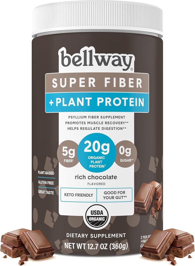Bellway Super Fiber + σκόνη πρωτεΐνης, ζάχαρη-ελεύθερος οργανικό Psyllium Husk Fiber συμπλήρωμα σκόνης με 20g πρωτεΐνη φυτών ανά υπηρεσία, πλούσια σοκολάτα, 12.7 oz