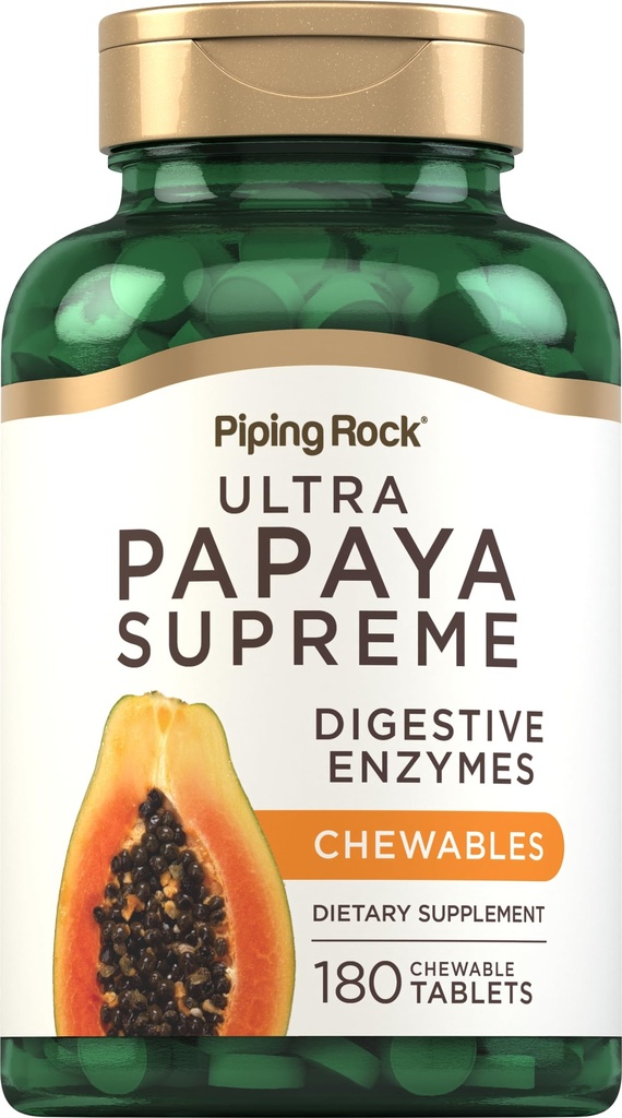 Piping Rock Papaya Digestive Enzymes Chewables | 180 Tablet | Kadınlar ve Erkekler için Tamam | Tropikal Flavor | Vegetarian, Non-GMO, Gluten Free Formula