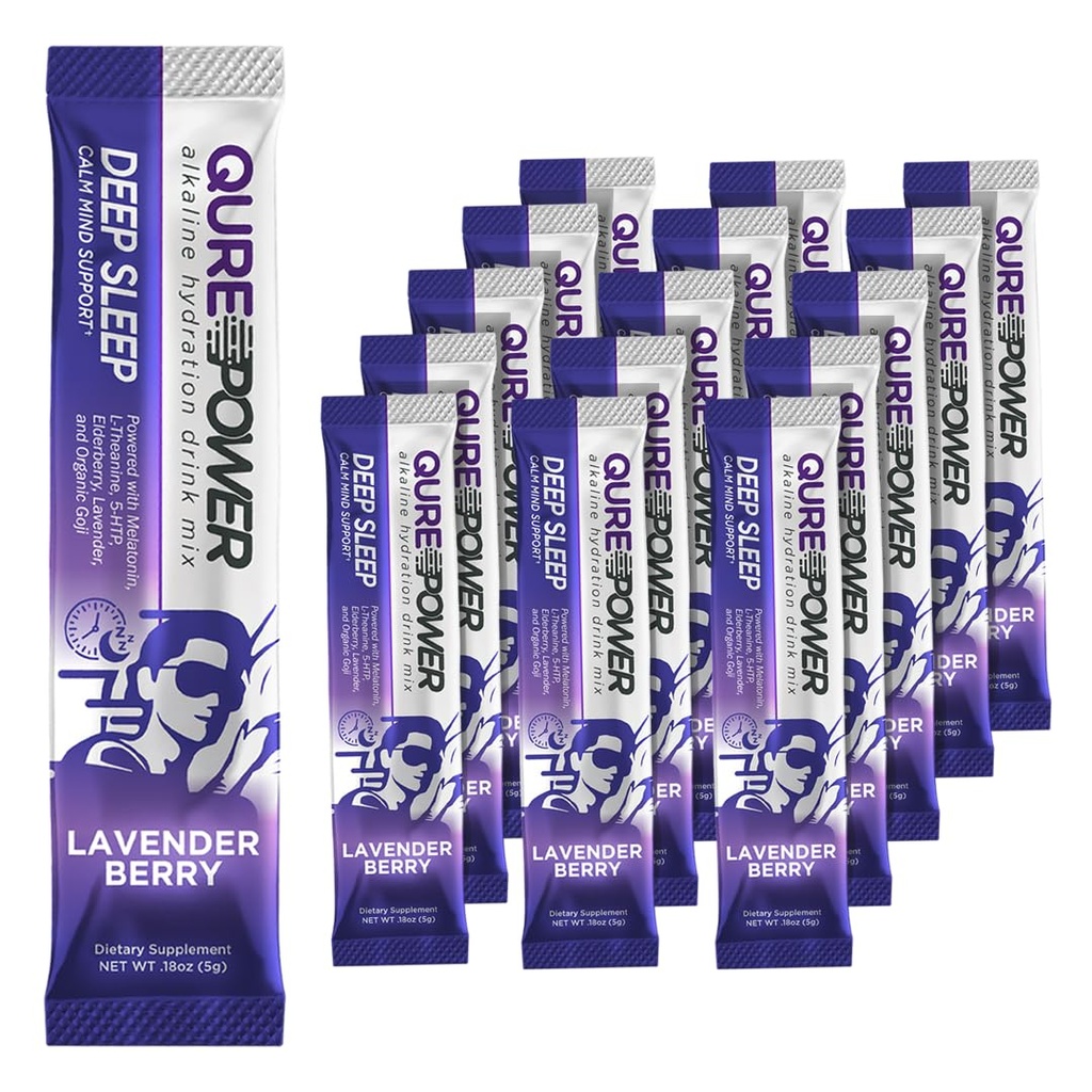 QURE Deep Sleep Aid Drink Mix w/ 5mg Melatonin & L-Theanine for Stress Relief | Non - Habit Form Magnezyum & 5 - HTP Toz | alkalin Hydration | 15 Sticks (1 Box)
