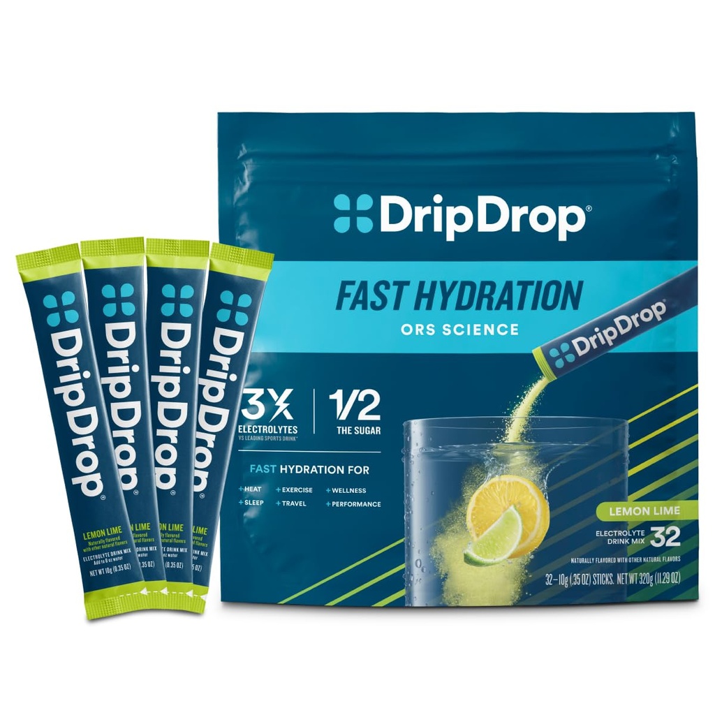 DripDrop Hydration Packets - Lemon Lime - Single Serve Electrolytes Toz Mix - Non-GMO, Gluten Free, Vegan - 32 Sticks