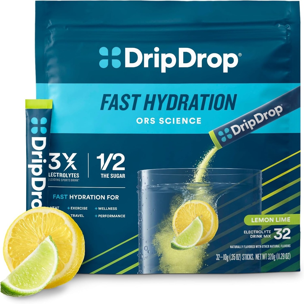 DripDrop Hydration Packets - Lime λεμόνι - Μονό σερβίρετε ηλεκτρολύτες Σκόνη Mix - Μη ΓΤΟ, Χωρίς γλουτένη, Vegan - 32 Sticks