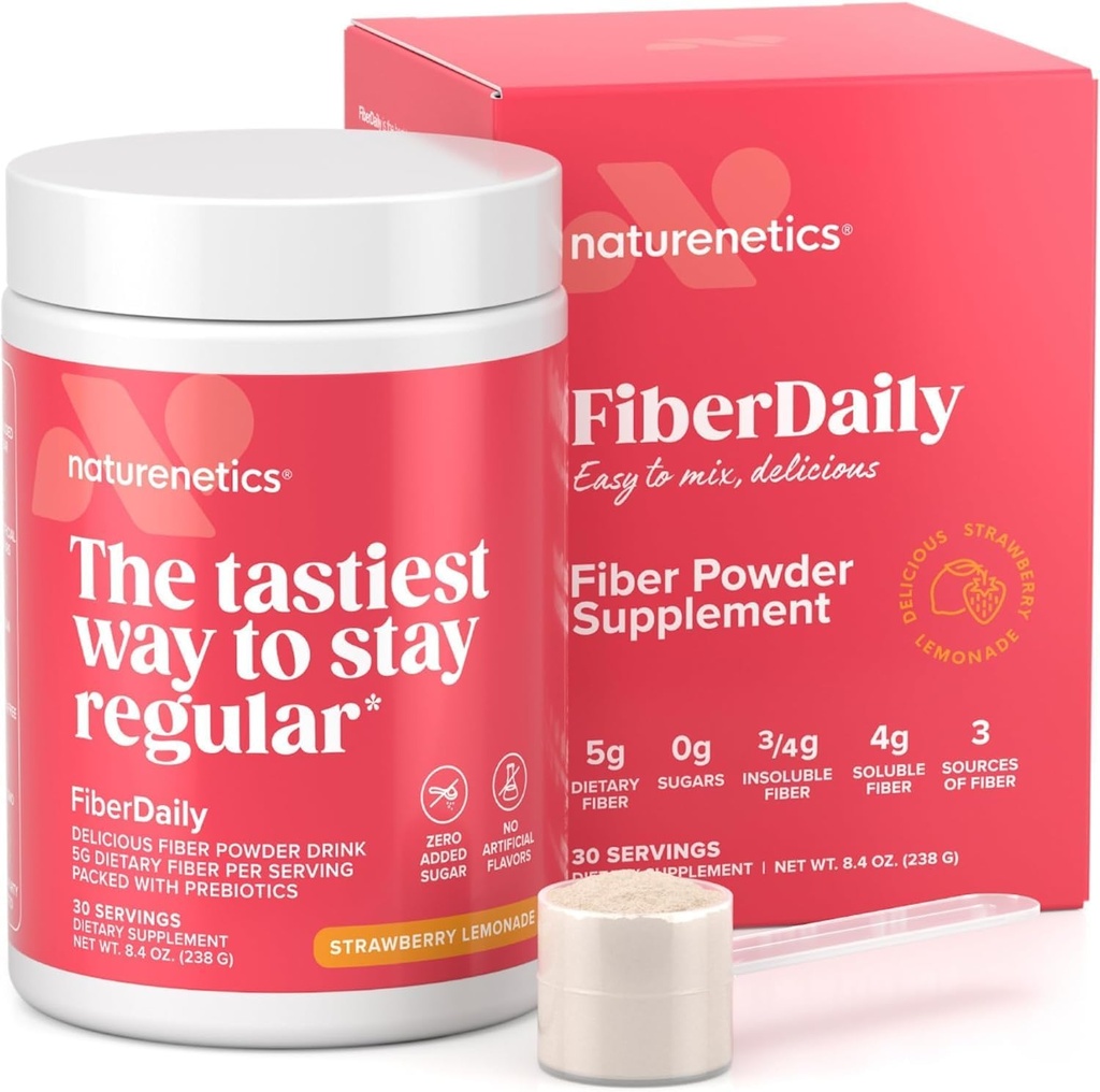 FiberDaily Lezzetli Fiber Toz - Organik Psyllium Husk, Agave Inulin & Sunfiber® Guar Gum Strawberry Lemonade Drink, Sugar-Free, ► Fiber, Prebiyotik Fiber Supplement, Vegan, 30 Hizmet