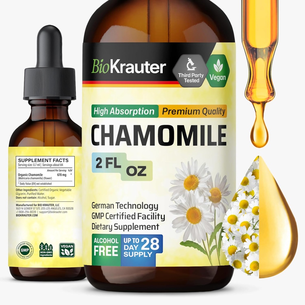 BIO KRAUTER Chamomile Çiçekler Tincture - Chamomile Extract - Contains Apigenin - Rahatlama ve Calmness Desteği için Tamam - Alkol ve Şeker Ücretsiz - Vegan 2 Fl.Oz.