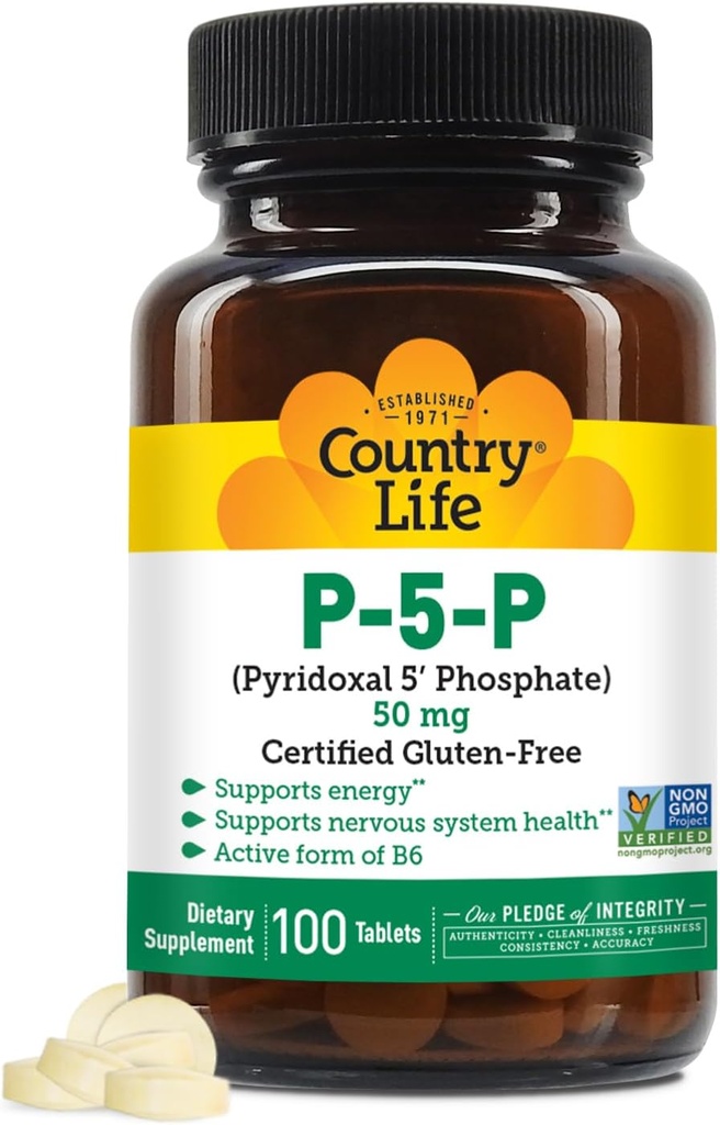 Country Life P-5-P Vitamin B6 – Bioavailable Pyridoxal-5-Phosphate Supplement for Energy, Nervous System Support, and Red Blood Cell Growth – Certified Gluten Free, Vegan, Non-GMO – 100 Capsules