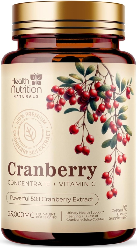 Cranberry Pills 25.000 mg - Fresh Cranberry Equivalent Toz Türlü C & E - Urinary Tract Health Support, Cran Berry Meyve, Sugar Free Formula, ABD'de Şişelenmiş - 120 Capsules