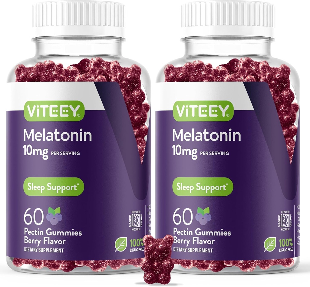Viteey Melatonin Gummies 10mg - Gummies ύπνου για ενήλικες Επιπλέον δύναμη Μελατονίνη - Vegan, GMO δωρεάν, Χωρίς γλουτένη - 120 κόμης