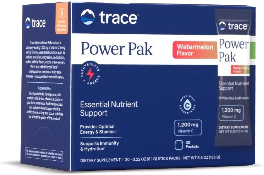 Trace Minerals Power Pak - Essential Nutrient Desteği için Çokvitamin Paketleri - Hydration, Immunity & Energy - Natural Vitamins & Minerals - Watermelon Flavor - 30 Packets