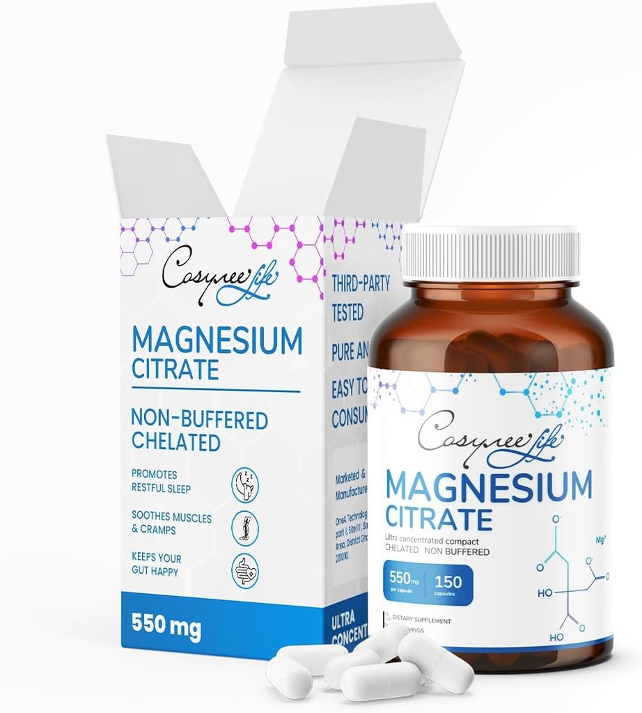Magnezyum Citrate 550 mg per Service | for Magnezyum Kas & Support System, 150 Capsule, 75 Day Supply | citrato de magnesio.