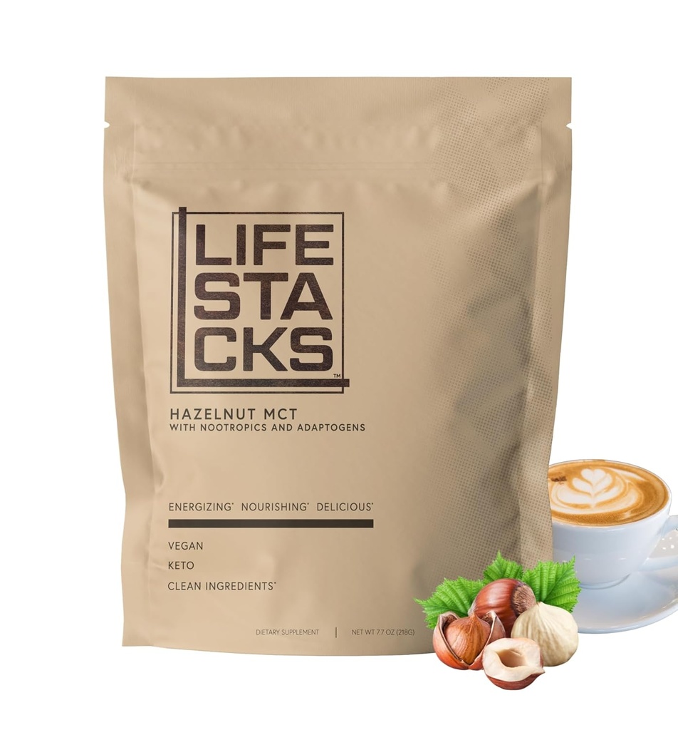 Hazelnut MCT Oil Powder to Boost Energy & Focus - Nootropics + Adaptogens for an Eleved Coffee Experience - Keto, Vegan, 0 Sugar - Stacked for Success with Ginseng, Rhodiola, L-Tyrosine