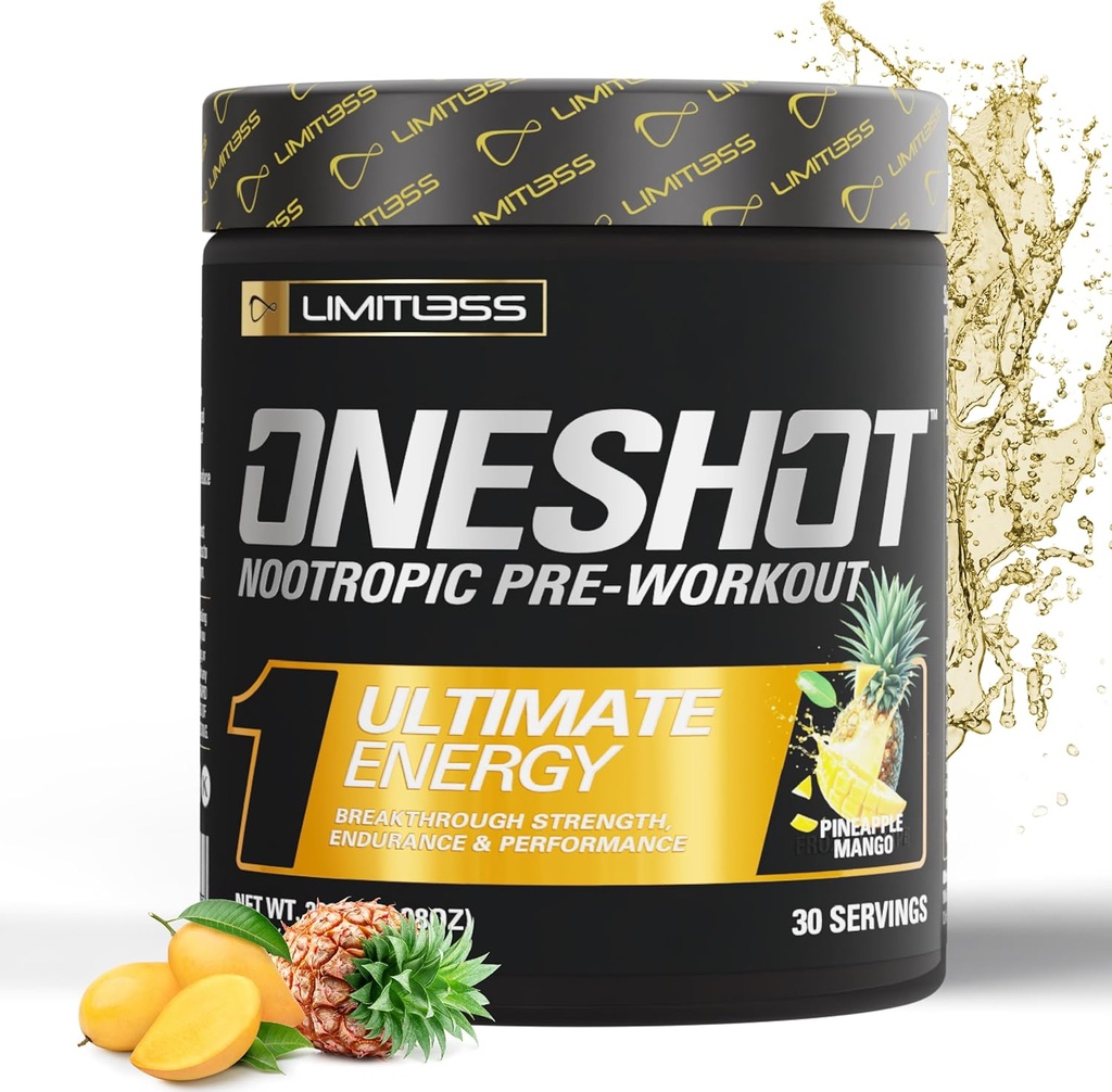 ONESHOT Pre Workout Powder for Men and Women - BCAAS Amino Acids Supplement Powder, 200mg καφεΐνη, Beta Alanine Powder, Citrulline Malate Preworkout Powder - Pineapple Mango - 30 Μερίδες