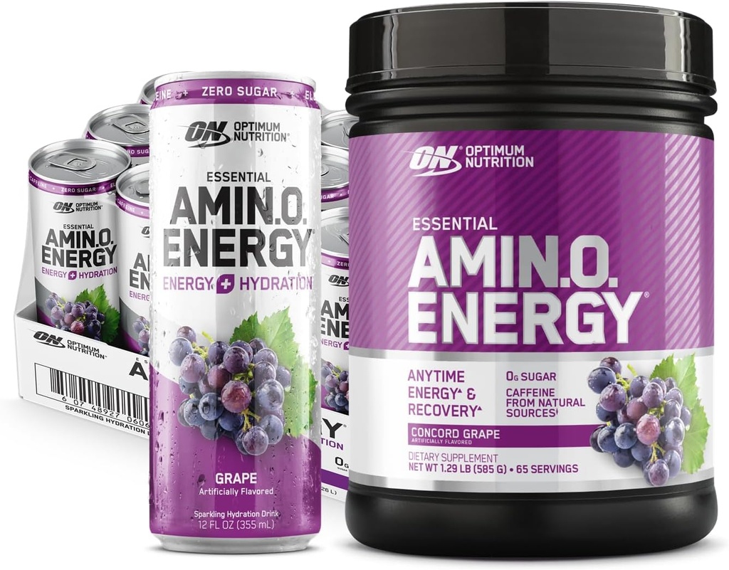 Optimum Beslenme Amino Enerji Tozu: Concord Grape (65 Hizmet) EssentialEnergy Plus Electrolyes Sparkling Drink: Grape (12 Cans) - Sche Pack Pack Pack