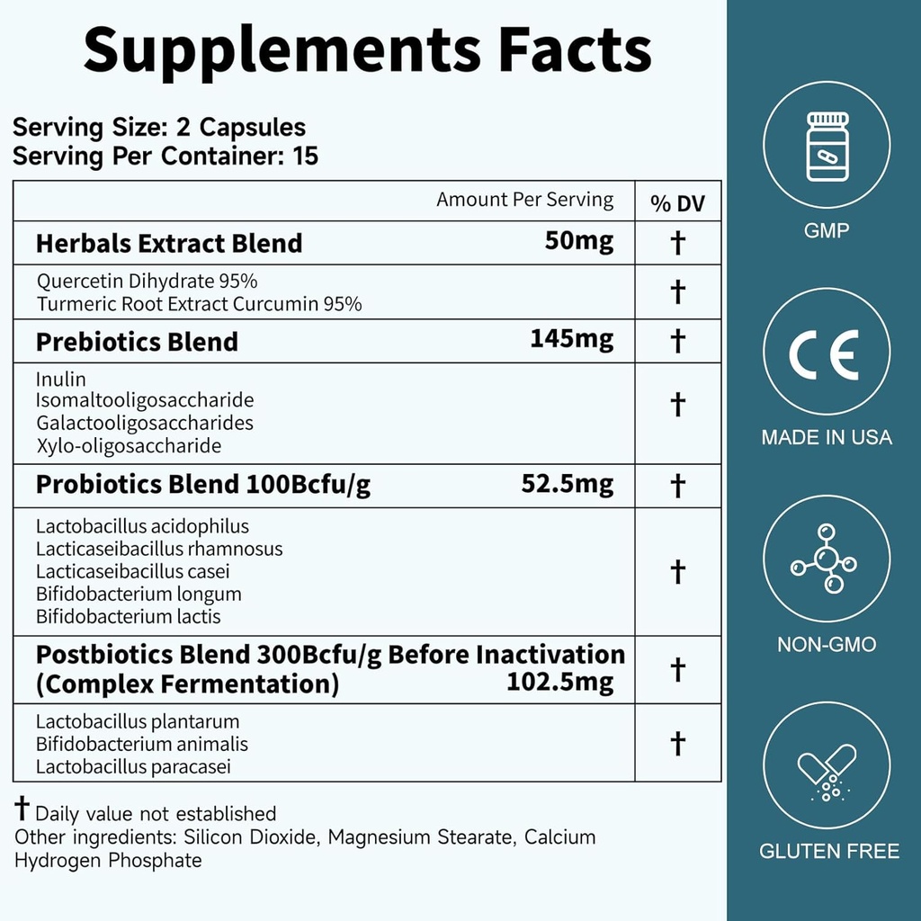 Probiyotiks Women Men Gut Health: Digestive Health Immune Support Bloating Relief Raf Stable Strains 35B CFUs per Capsule Complex with Prebiyotiks Postbiyotiks Quercetin & Curcumin Diyetary Supplement