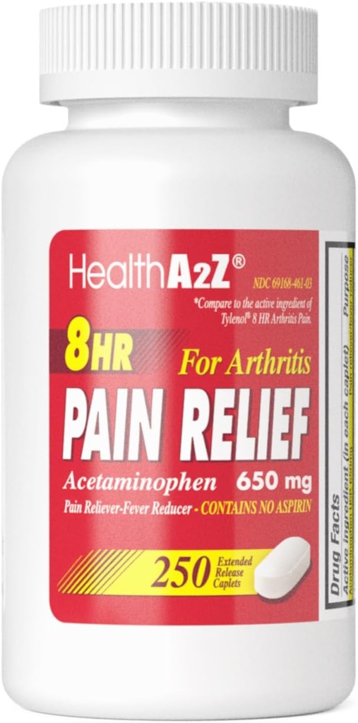 HealthA2Z® Pain Relief Extended release | Acetaminophen 650 mg | 8 Saat | Arthiritis Pain | Pain Reliever - Ateş Tanımı | Contains no aspirin | (250 Caplets)