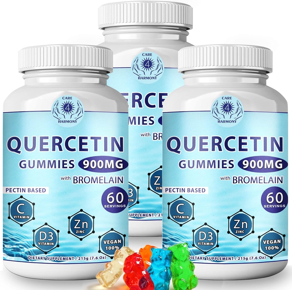 (3Pack) Quercetin Gummies - Quercetin με Bromelain Βιταμίνη C + ψευδάργυρο Βιταμίνη D3 – Μασώμενη Quercetin 900mg Συμπληρώματα - Quercetin για παιδιά και ενήλικες (3)