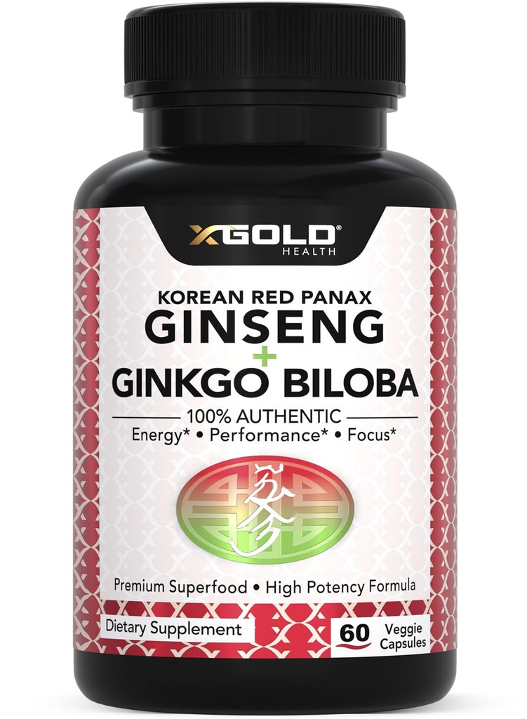 Korean Red Panax Ginseng 1200mg + Ginkgo Biloba - Extra Strength Root Extract Powder Supplement w/High Ginsenosides Vegan Caps for Energy, Performance & Focus - Συμπλήρωμα για άνδρες και γυναίκες