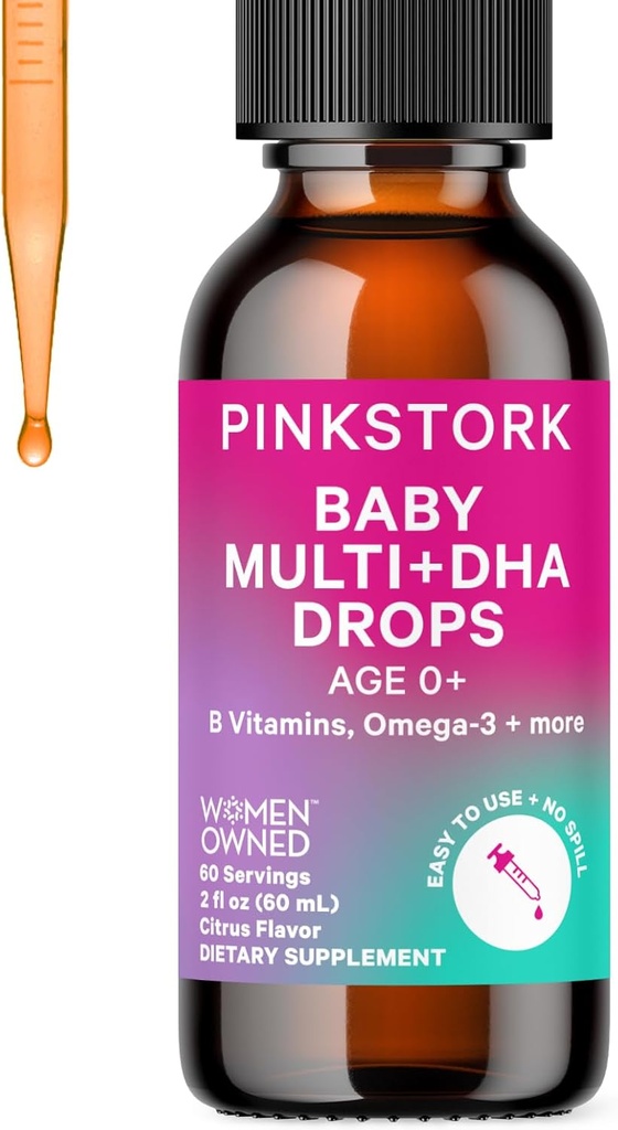 Pink Stork Bebek Sıvı Multivitamin Drops, Baby & Toddler Vitamin DHA, C, D, B12 ve Choline Beyin Sağlığını Desteklemek ve Immune Function - 2 fl oz, 2 ay Supply