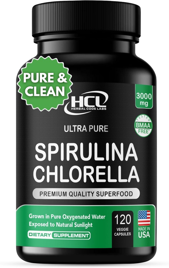 Chlorella Spirulina Powder Caps 3000 mg BMAA Free Purest Blue Green Algae - Best Natural Detox Raw Vegan Vitamins Protein Green Superfood - Made in USA