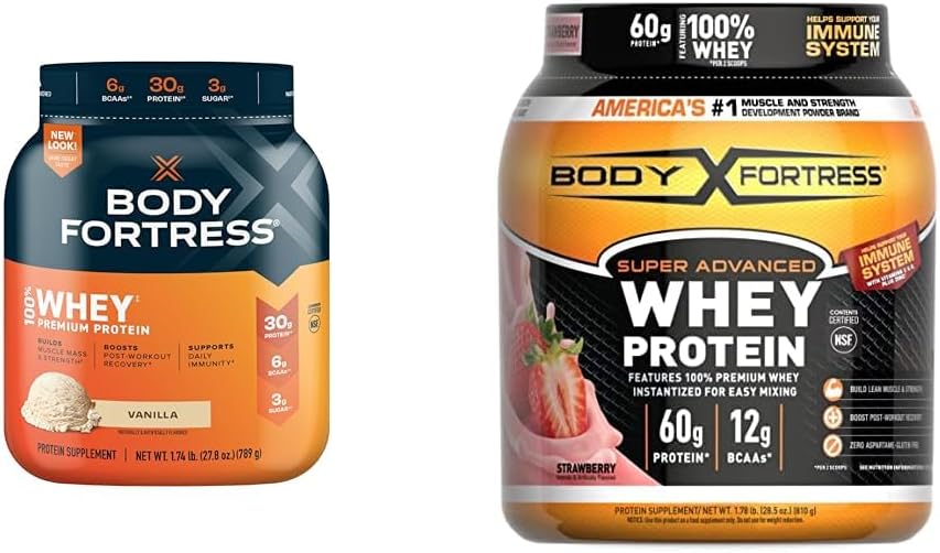 Body Fortress 100% Whey, Premium Protein Toz, Vanilla, 1.74lbs (Pazar Mayıs Vary) & 100% Whey, Premium Protein Toz, Strawberry, 1.78lbs (Pazar Mayıs Vary)