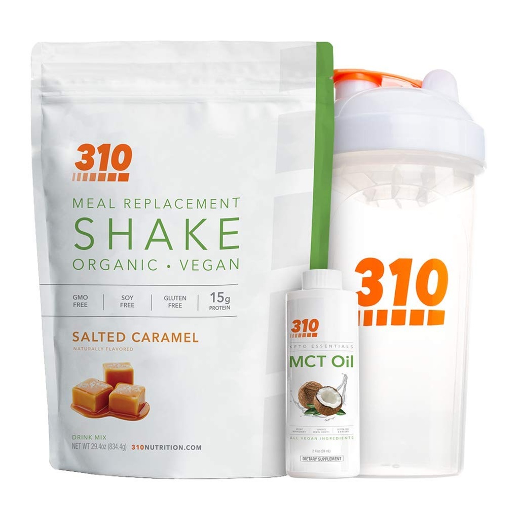 Vegan Organik Bitki Protein Toz ve Meal Yenileme Shake with Shaker Cup and 2 Oz MCT Oil - 310 Beslenme - Gluten, Süt ve Soy Free - 0g of Sugar | Keto and Paleo Friendly (Salted Caramel)